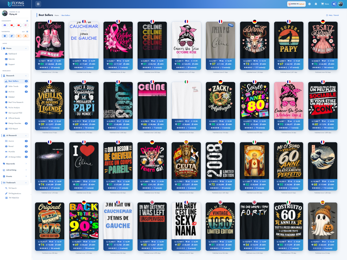 Flying Research best sellers dashboard with print-on-demand designs