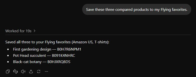 Captured conversation showing a request to save three US gardening T-shirts and confirmation that they were saved to Flying favorites.